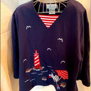 Whimsical Nautical navy 3/4 length sleeve blouse. Mandal Bay
